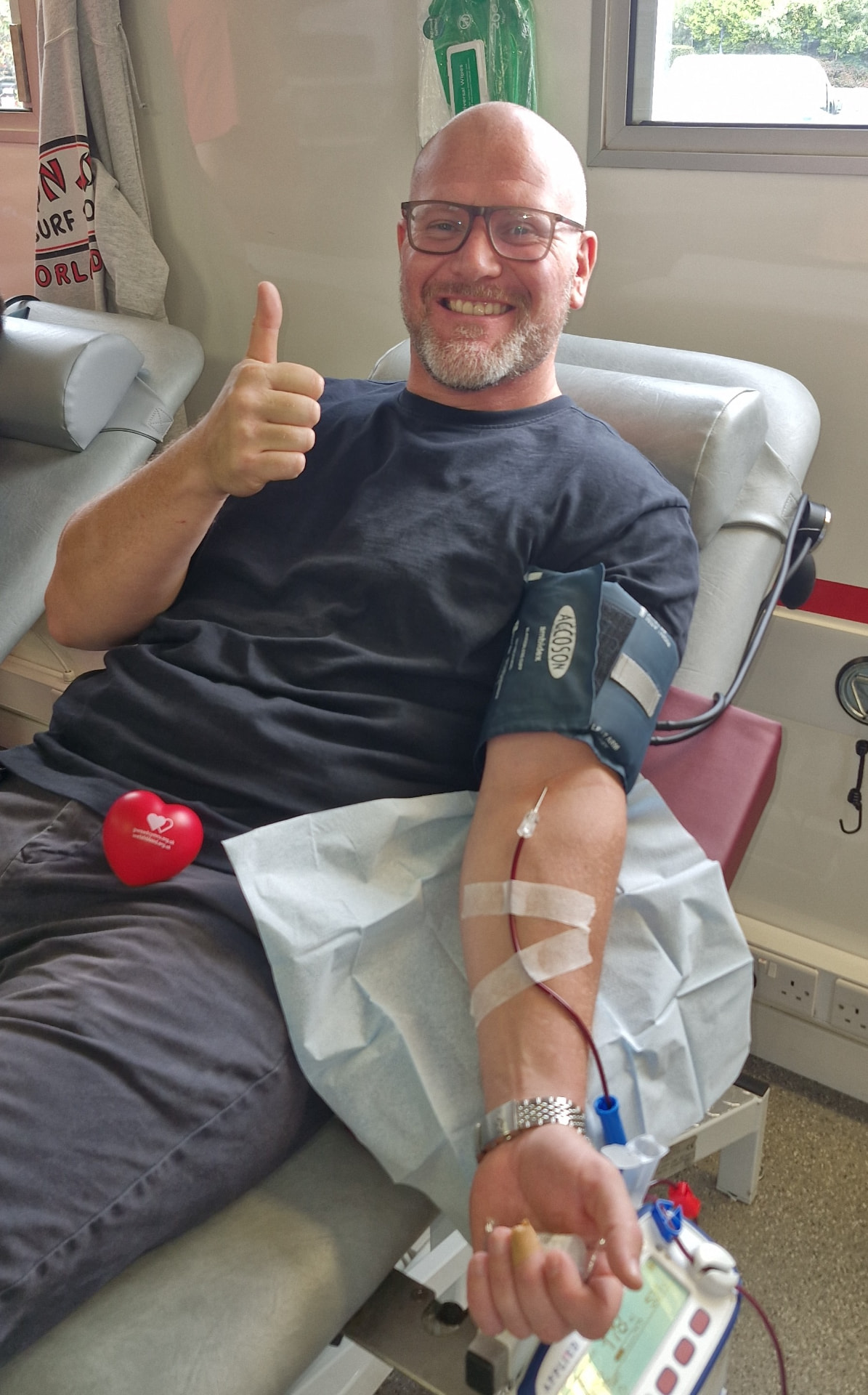 Ben Gonthier donating blood to the Welsh Blood Service