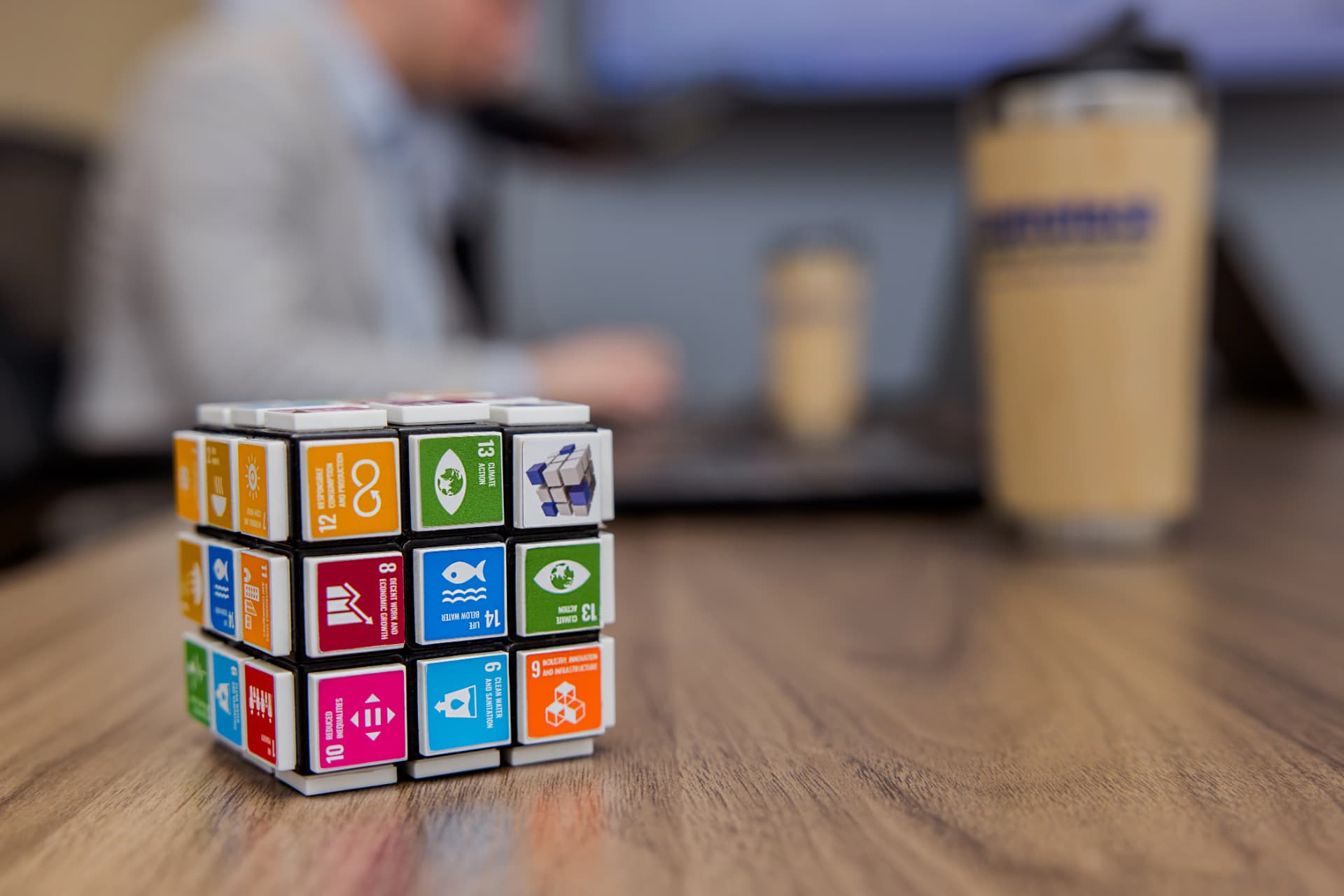 UN Sustainable Development Goals cube in the office