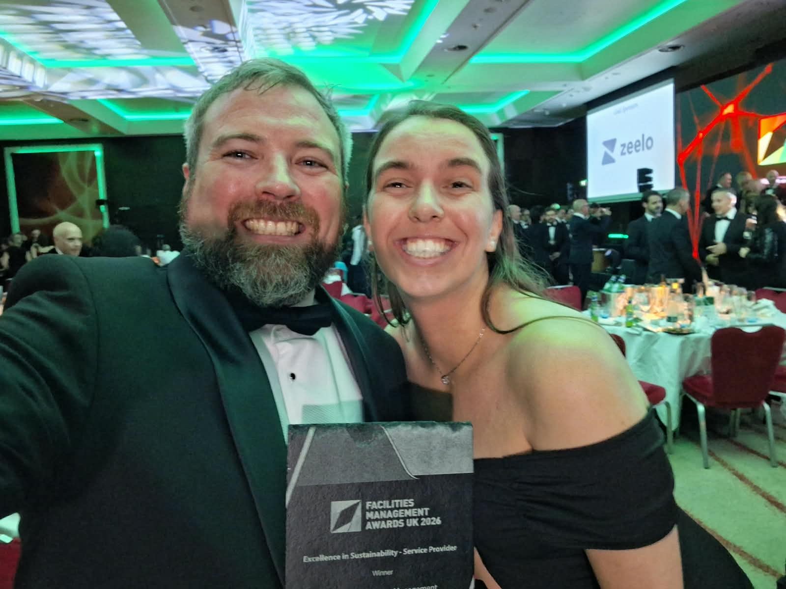 Selfie with the Excellence in Sustainability award at the Facilities Management Awards UK 2026