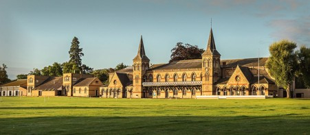 Independent private school building with playing fields